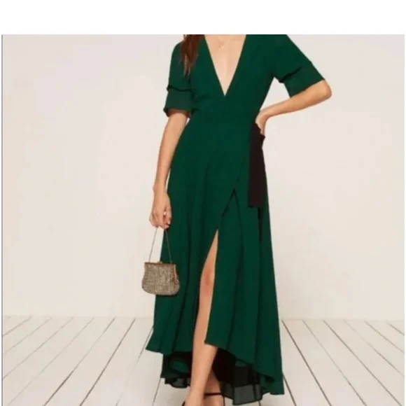 green emerald velvet dress Reformation Mini Wrap Dress Green Ruffled Floral Print Crepe Size Extr   Celebrity Owned